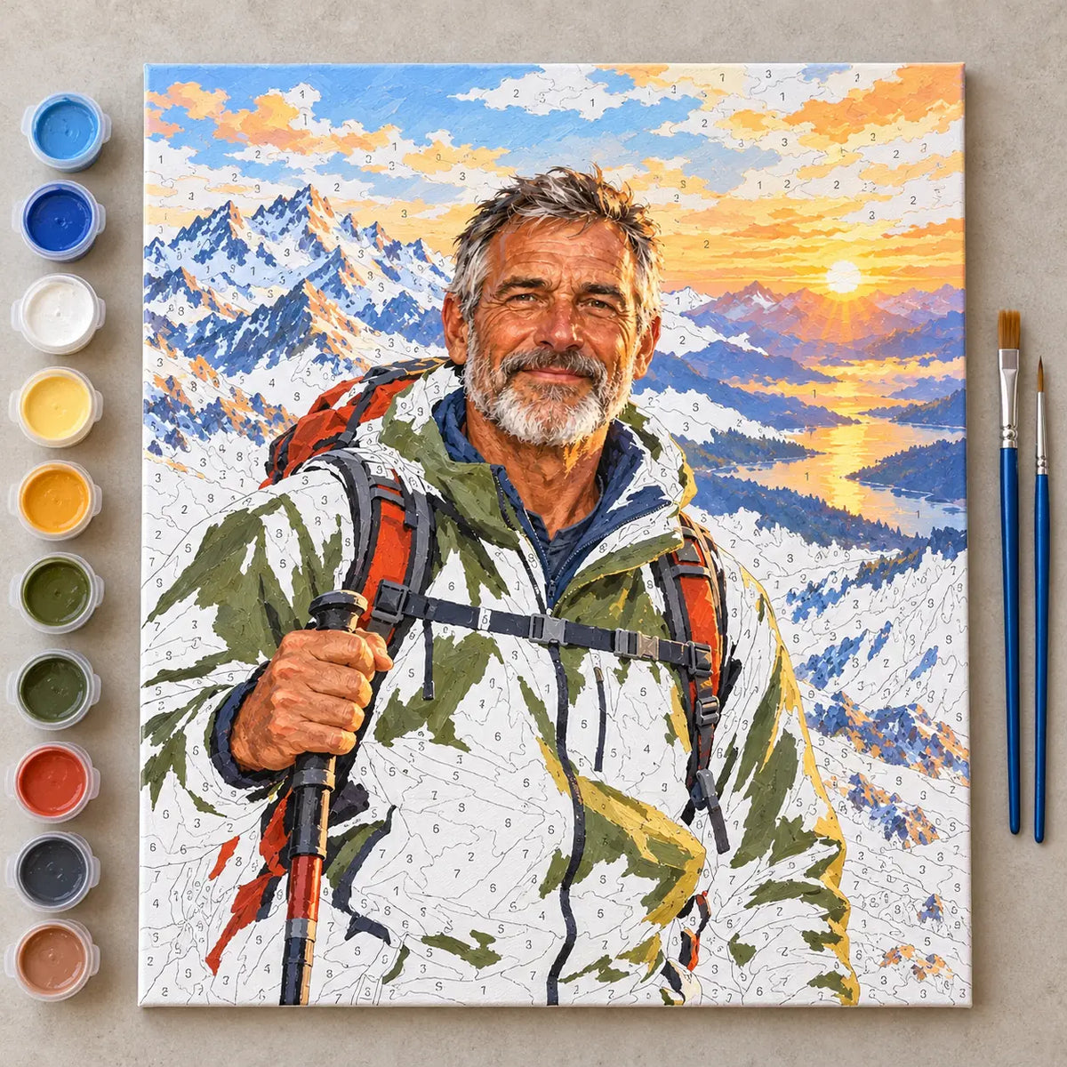 Painting process scene for the Alpine Mountaineer at a Mountain Summit kit, showing its complete numbered canvas and painting tools.