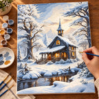 Complete Amber Windows in Winter numbered canvas being painted with acrylic paints and brushes