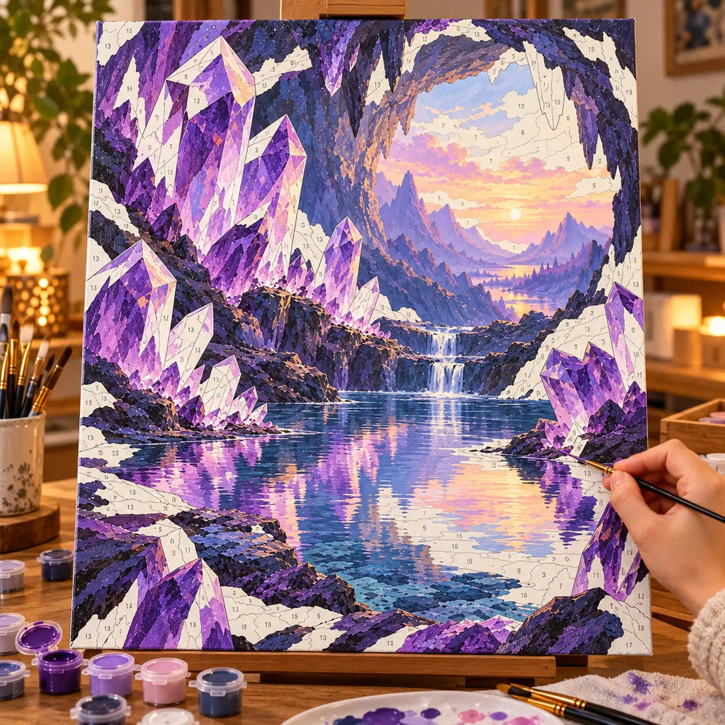 Painting process scene for the Amethyst Crystal Cave Waterfall kit, showing its complete numbered canvas and painting tools.