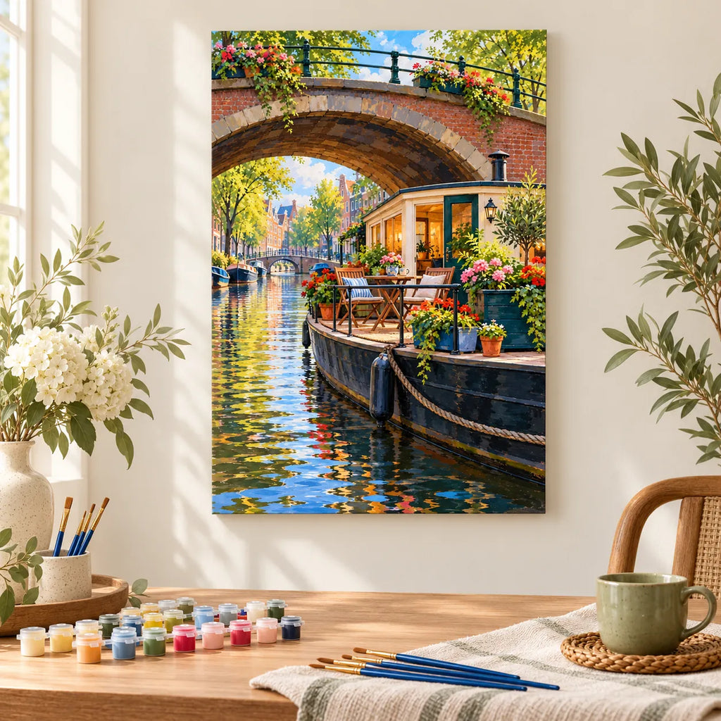 `04-amsterdam-houseboat-flower-deck-painting-process.webp` — Full painting process scene for the Amsterdam Houseboat Flower Deck kit, with the complete numbered canvas and painting tools visible.