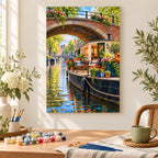 `04-amsterdam-houseboat-flower-deck-painting-process.webp` — Full painting process scene for the Amsterdam Houseboat Flower Deck kit, with the complete numbered canvas and painting tools visible.