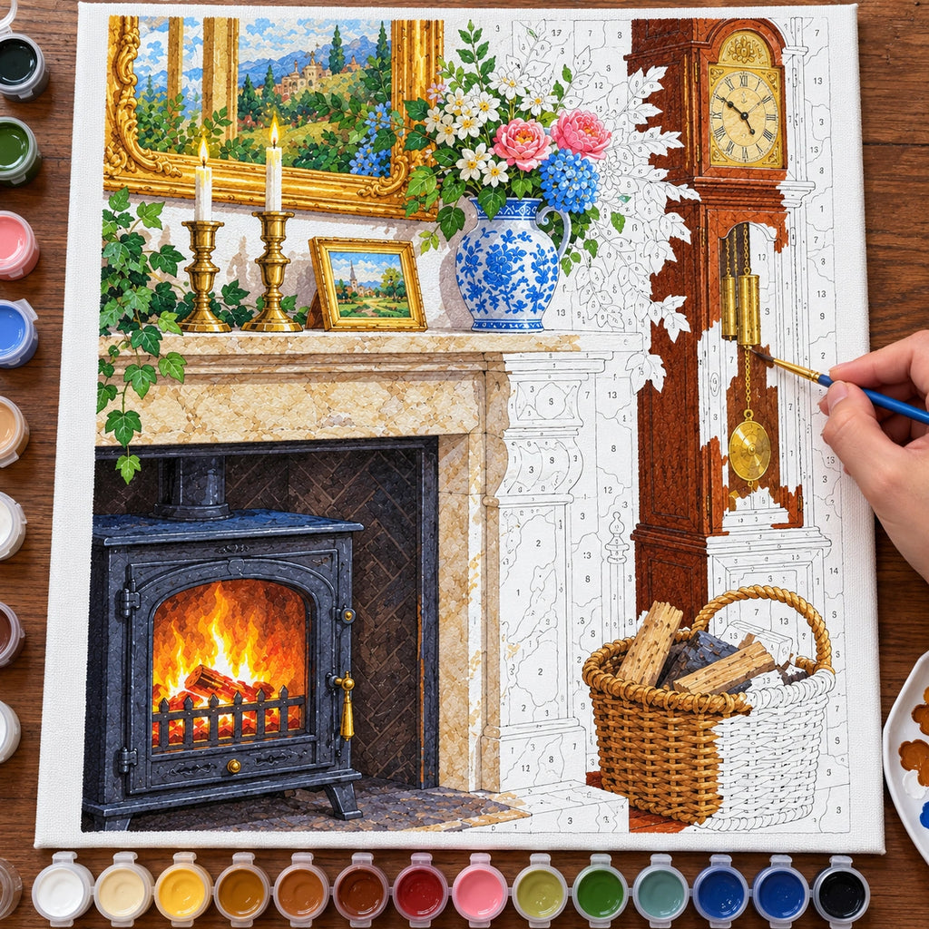 Complete Antique Fireplace Clock with Pink Roses and Blue Vase numbered canvas being painted with acrylic paints and brushes.