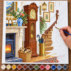 Complete Antique Grandfather Clock and Staircase numbered canvas being painted with acrylic paints and brushes.
