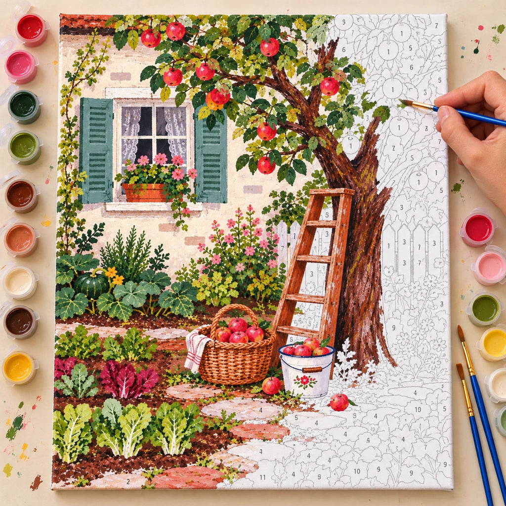 Complete Apple Tree Cottage Garden numbered canvas being painted with acrylic paints and brushes.