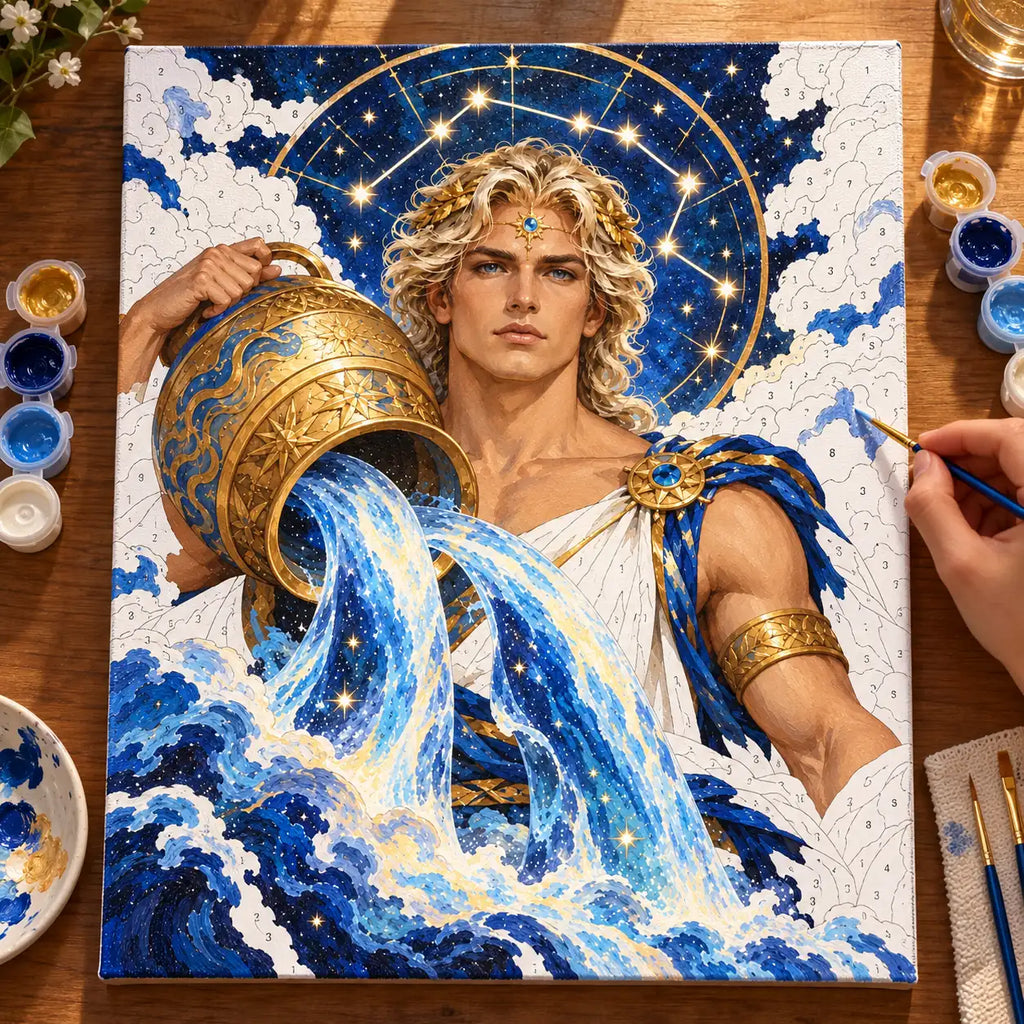 Painting process scene for the Aquarius Urn Stars Waterfall kit, showing its complete numbered canvas and painting tools.