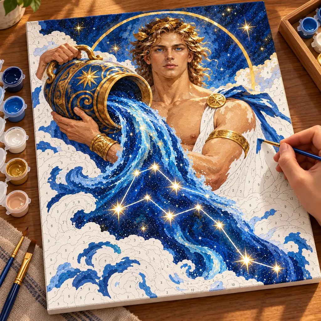 Painting process scene for the Aquarius Water Bearer Starry Stream kit, showing its complete numbered canvas and painting tools.