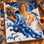 Painting process scene for the Aquarius Water Bearer Starry Stream kit, showing its complete numbered canvas and painting tools.