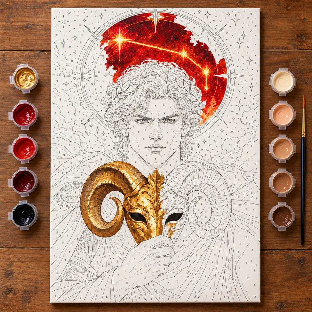 Painting process scene for the Aries Ember Ram Spring Equinox kit, with the complete numbered canvas and painting tools.
