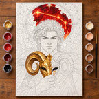 Painting process scene for the Aries Ember Ram Spring Equinox kit, with the complete numbered canvas and painting tools.