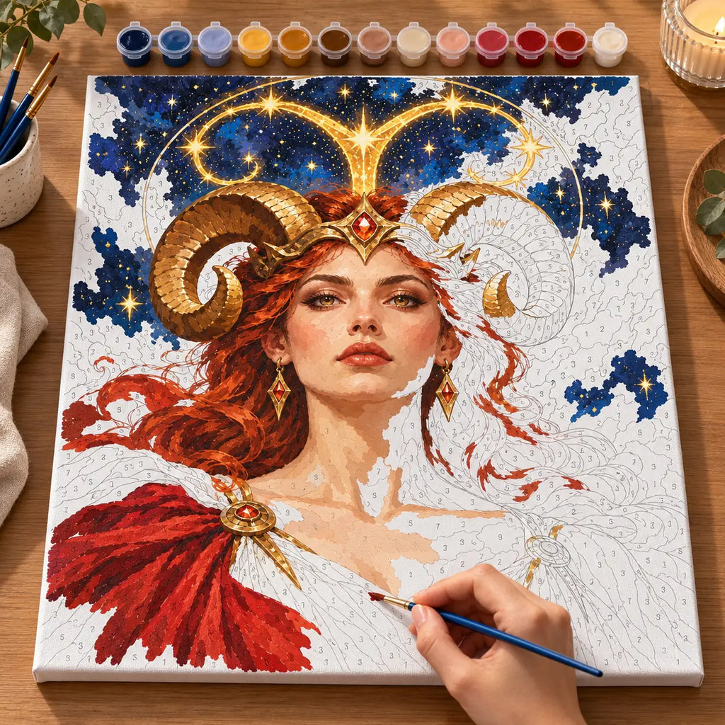 Painting process scene for the Aries Red Star Mountain Ridge kit, with the complete numbered canvas and painting tools.