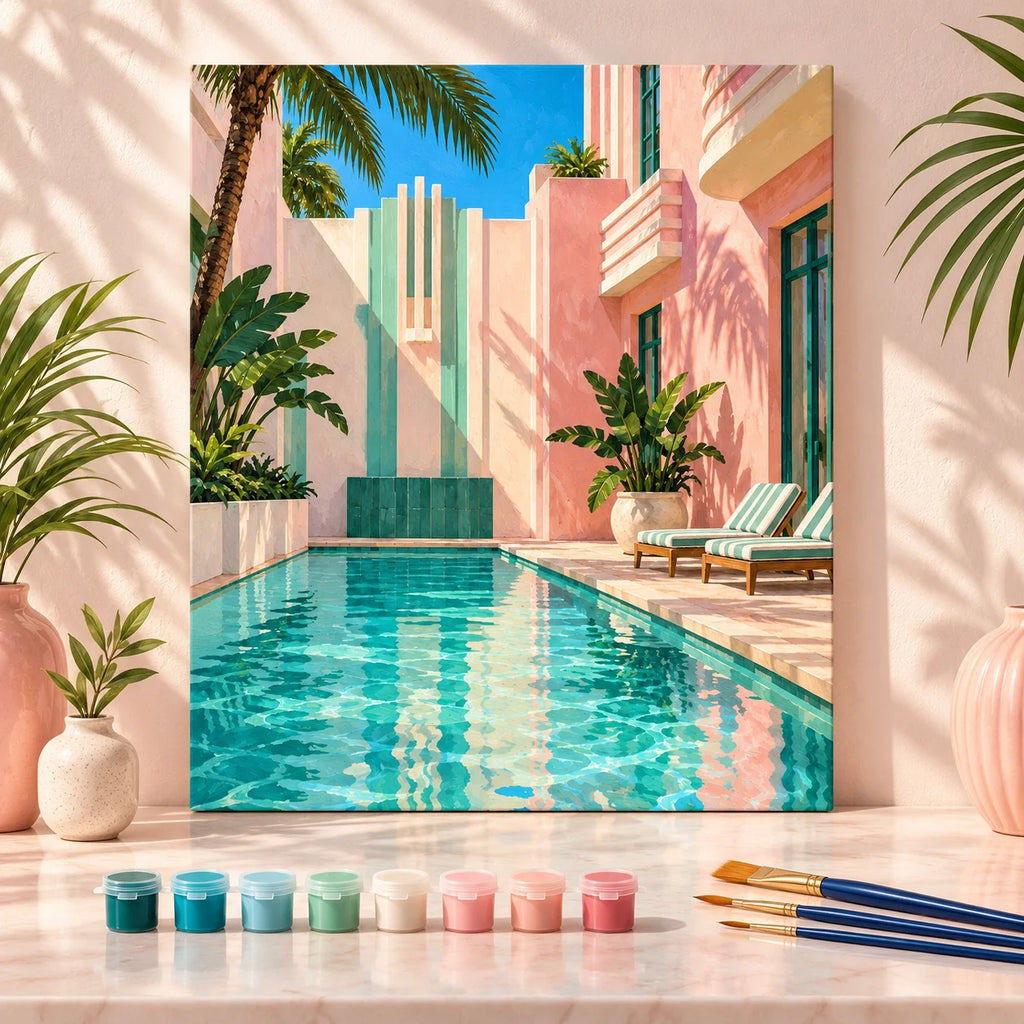 Painting process example for the art deco miami pool paint by numbers design.