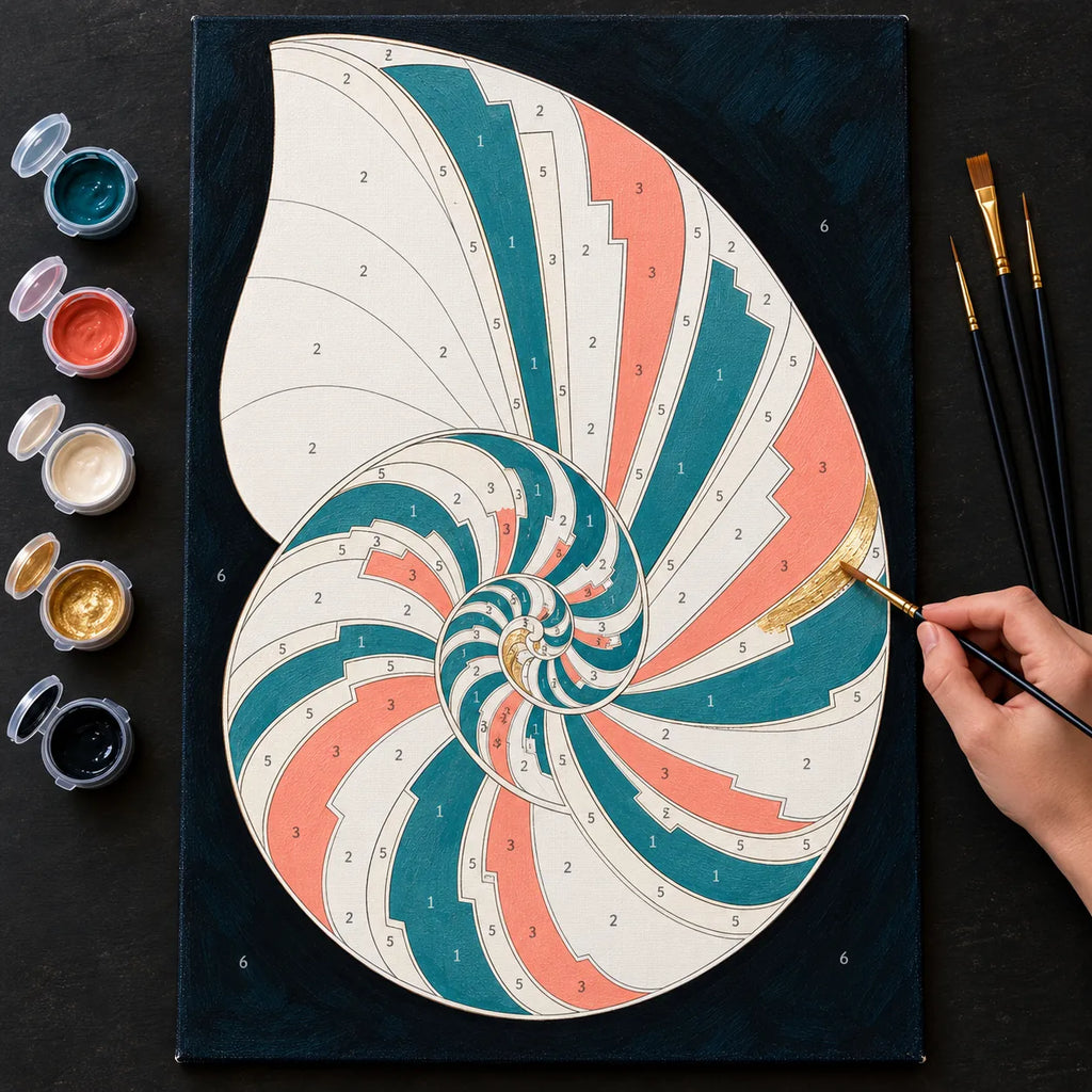 Painting process scene for the Art Deco Shell Sunburst kit, with the complete numbered canvas and painting tools.