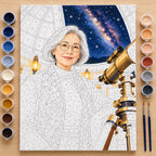 Painting process scene for the Woman Astronomer with Telescope under the Milky Way kit, showing its complete numbered canvas and painting tools.