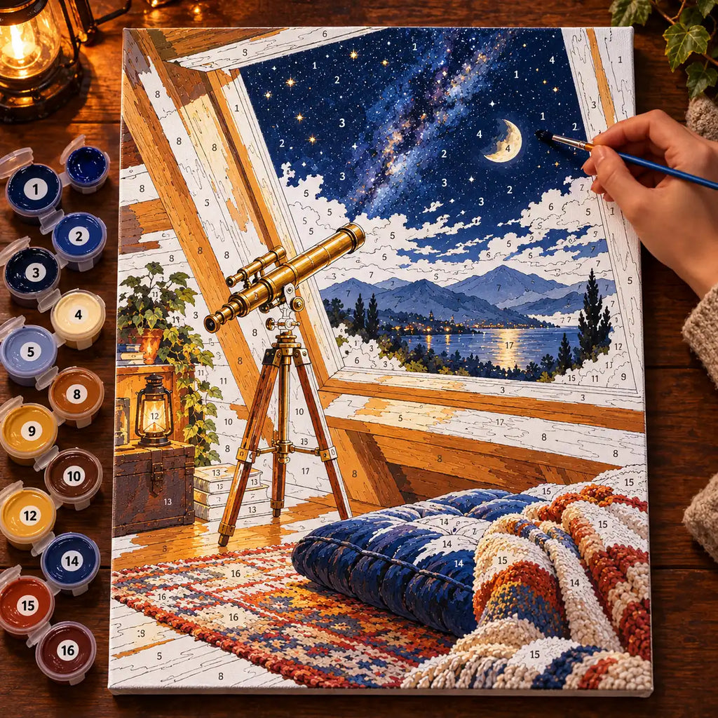 `04-attic-stargazing-telescope-painting-process.webp` — Painting process scene for the Attic Stargazing Telescope kit, with the complete numbered canvas and painting tools.