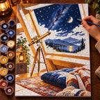 `04-attic-stargazing-telescope-painting-process.webp` — Painting process scene for the Attic Stargazing Telescope kit, with the complete numbered canvas and painting tools.