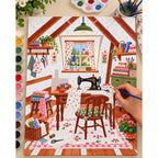 Attic Vintage Sewing Room numbered canvas being painted with acrylic paints and brushes.