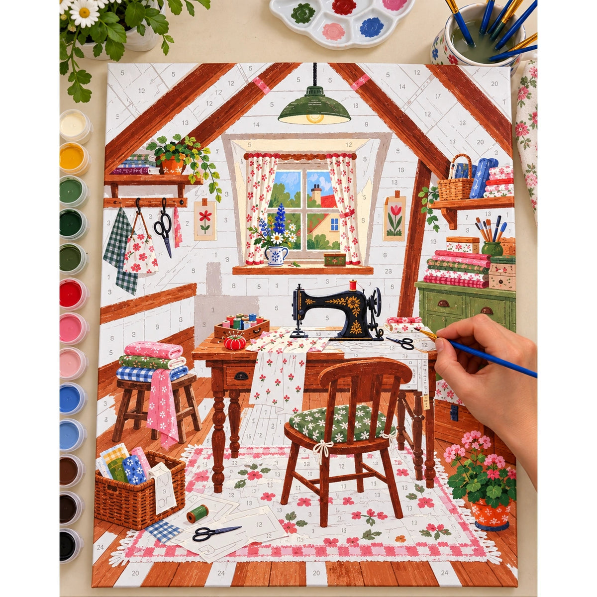 Attic Vintage Sewing Room numbered canvas being painted with acrylic paints and brushes.