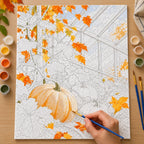 Numbered autumn greenhouse pumpkin canvas being painted with orange and cream acrylic colors.