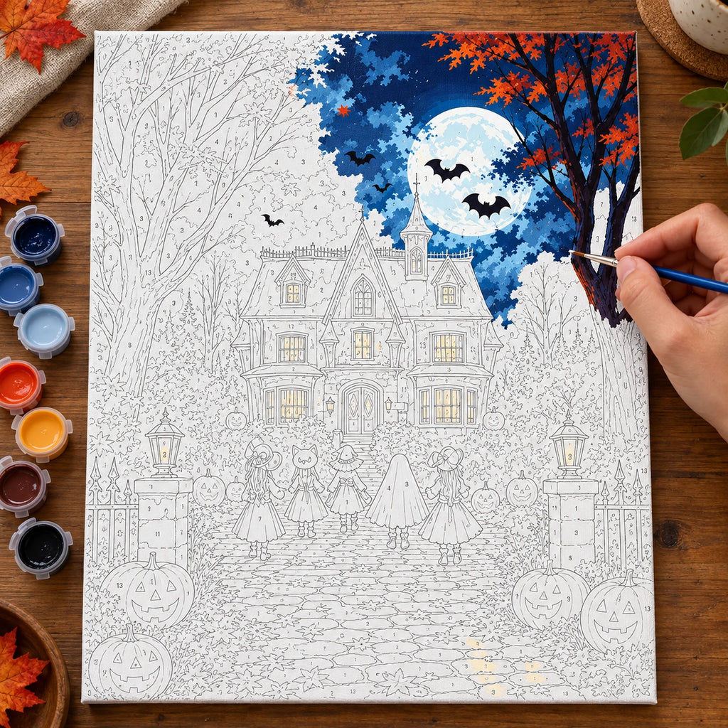 Complete Autumn Night at the Haunted Manor numbered canvas being painted with acrylic paints and brushes