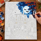 Complete Autumn Night at the Haunted Manor numbered canvas being painted with acrylic paints and brushes