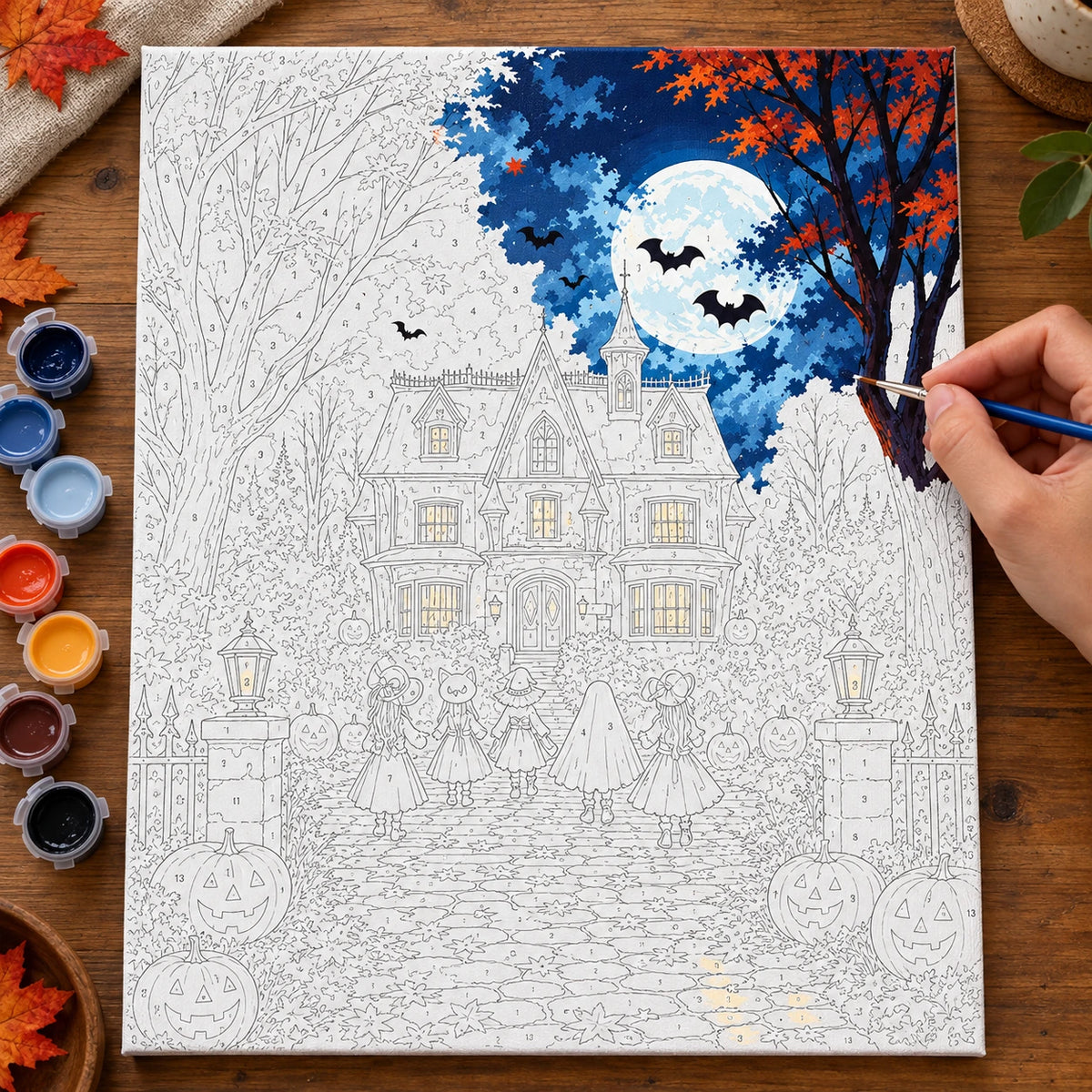 Complete Autumn Night at the Haunted Manor numbered canvas being painted with acrylic paints and brushes