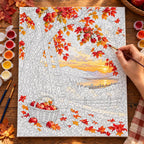 Complete Autumn Orchard Ladder Apples Paint by Numbers Kit numbered canvas being painted with acrylic paints and brushes.