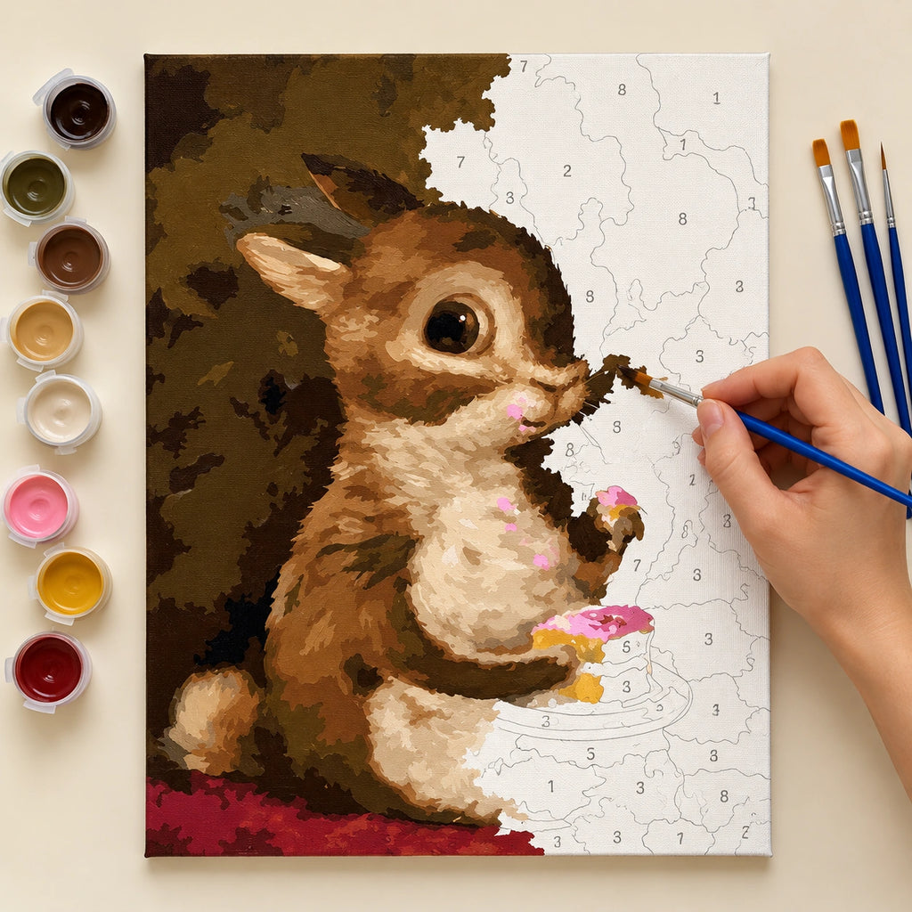 Complete Baby Rabbit with Pink Frosted Cake numbered canvas being painted with acrylic paints and brushes.