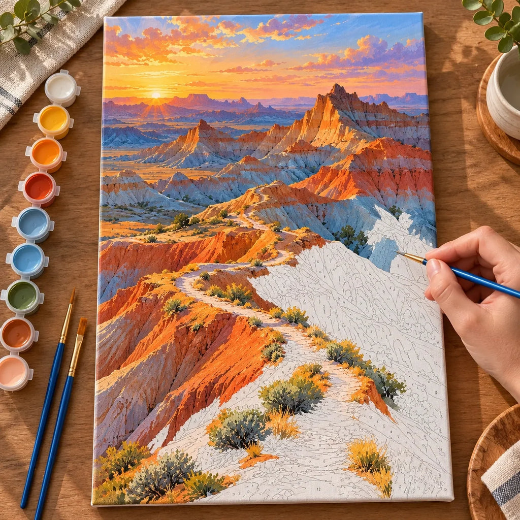 Complete Badlands Blue Shadow numbered canvas being painted with acrylic paints and brushes
