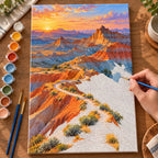 Complete Badlands Blue Shadow numbered canvas being painted with acrylic paints and brushes