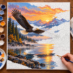 Painting process for Bald Eagle over a Lake at Sunset paint by numbers kit