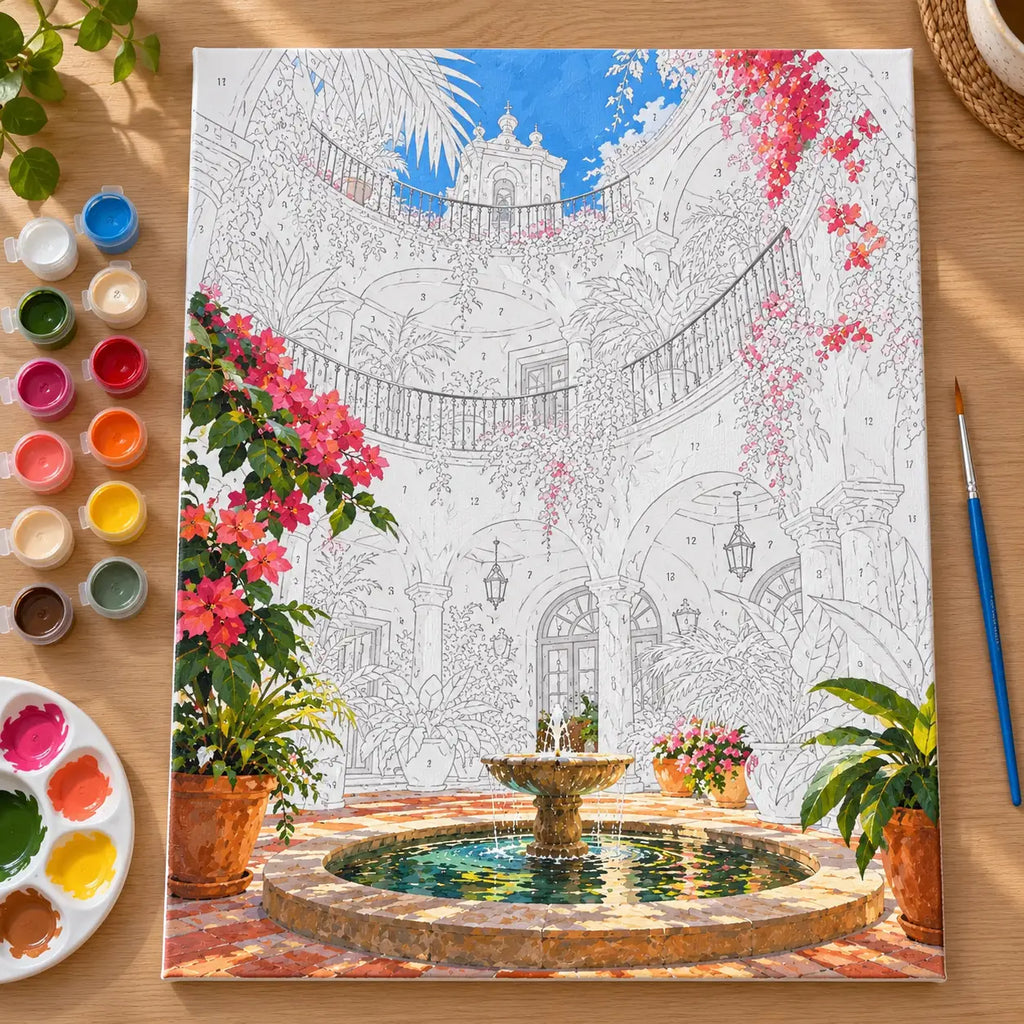 `04-barcelona-bougainvillea-courtyard-fountain-painting-process.webp` — Complete numbered courtyard canvas in progress with visible edges, acrylic paints, and a brush.