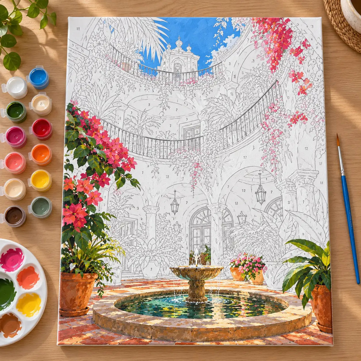`04-barcelona-bougainvillea-courtyard-fountain-painting-process.webp` — Complete numbered courtyard canvas in progress with visible edges, acrylic paints, and a brush.