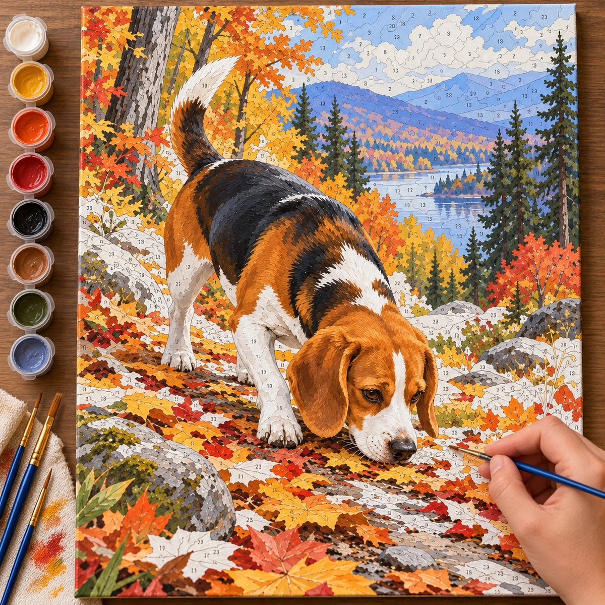 Painting process for Beagle Scent on Forest Trail paint by numbers kit