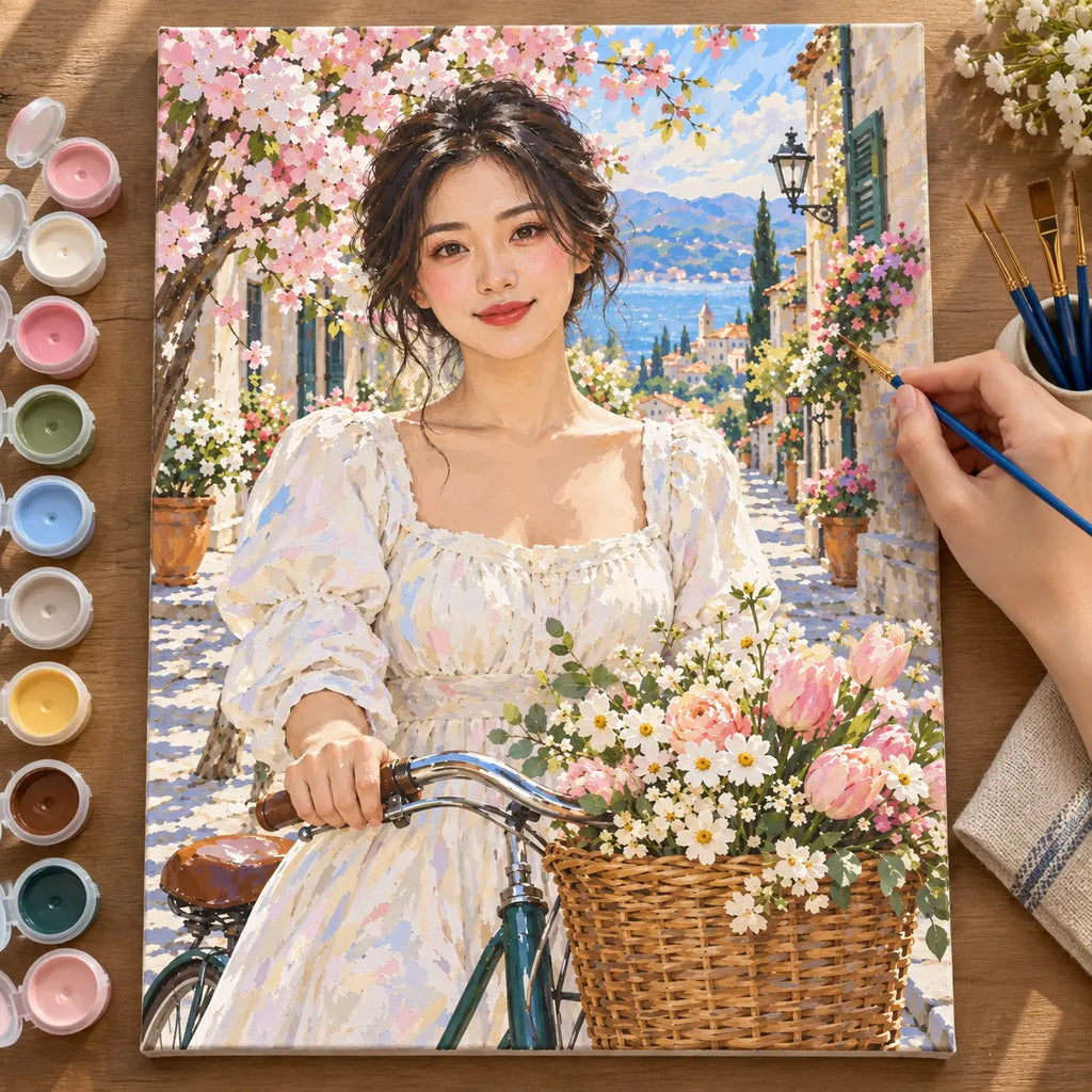 Painting process scene for the Bicycle Woman Cherry Street kit, showing its complete numbered canvas and painting tools.
