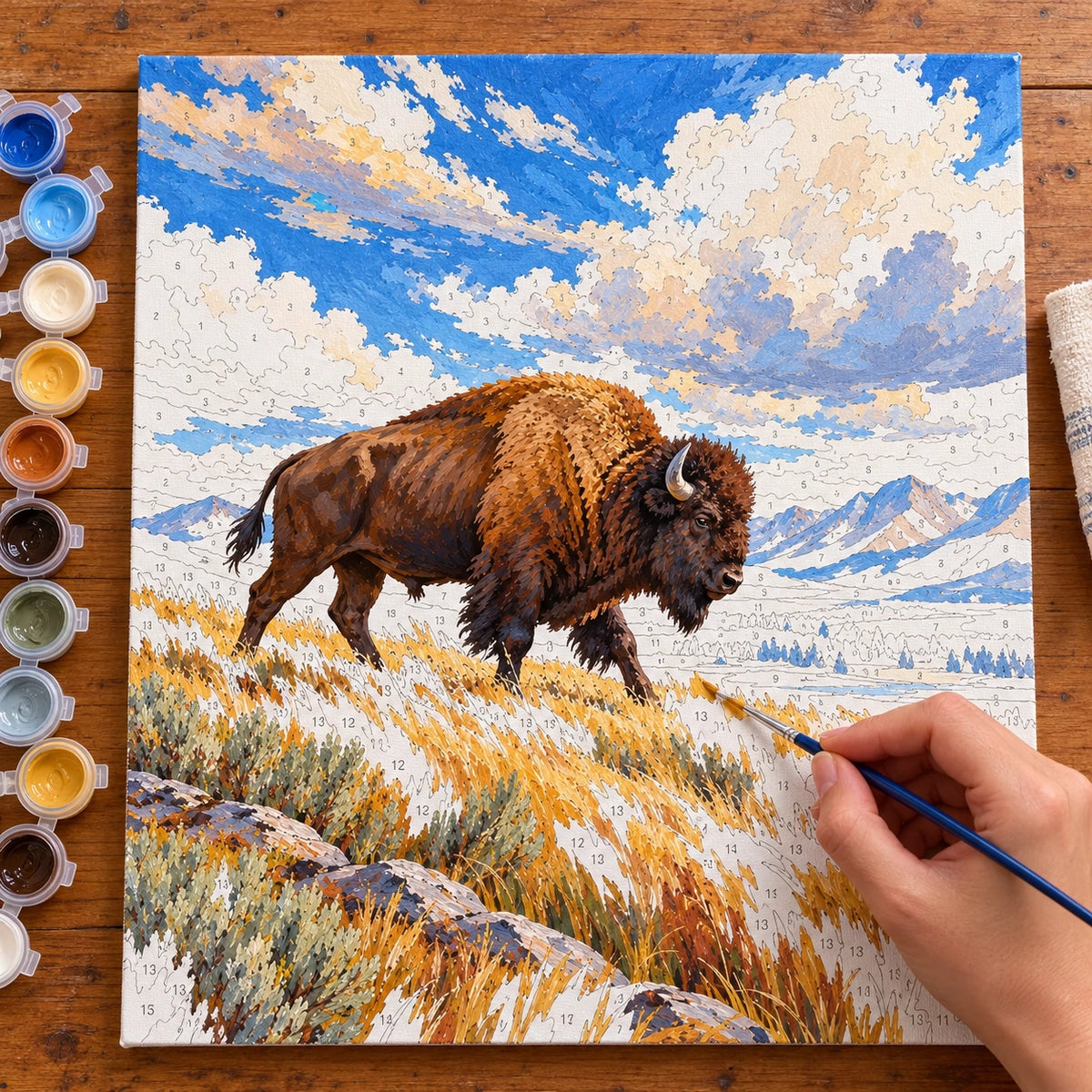 Painting process for Bison in Snow-Free Grassland paint by numbers kit