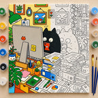 Complete Black Cat Busy Office Desk numbered canvas being painted with acrylic paints and brushes
