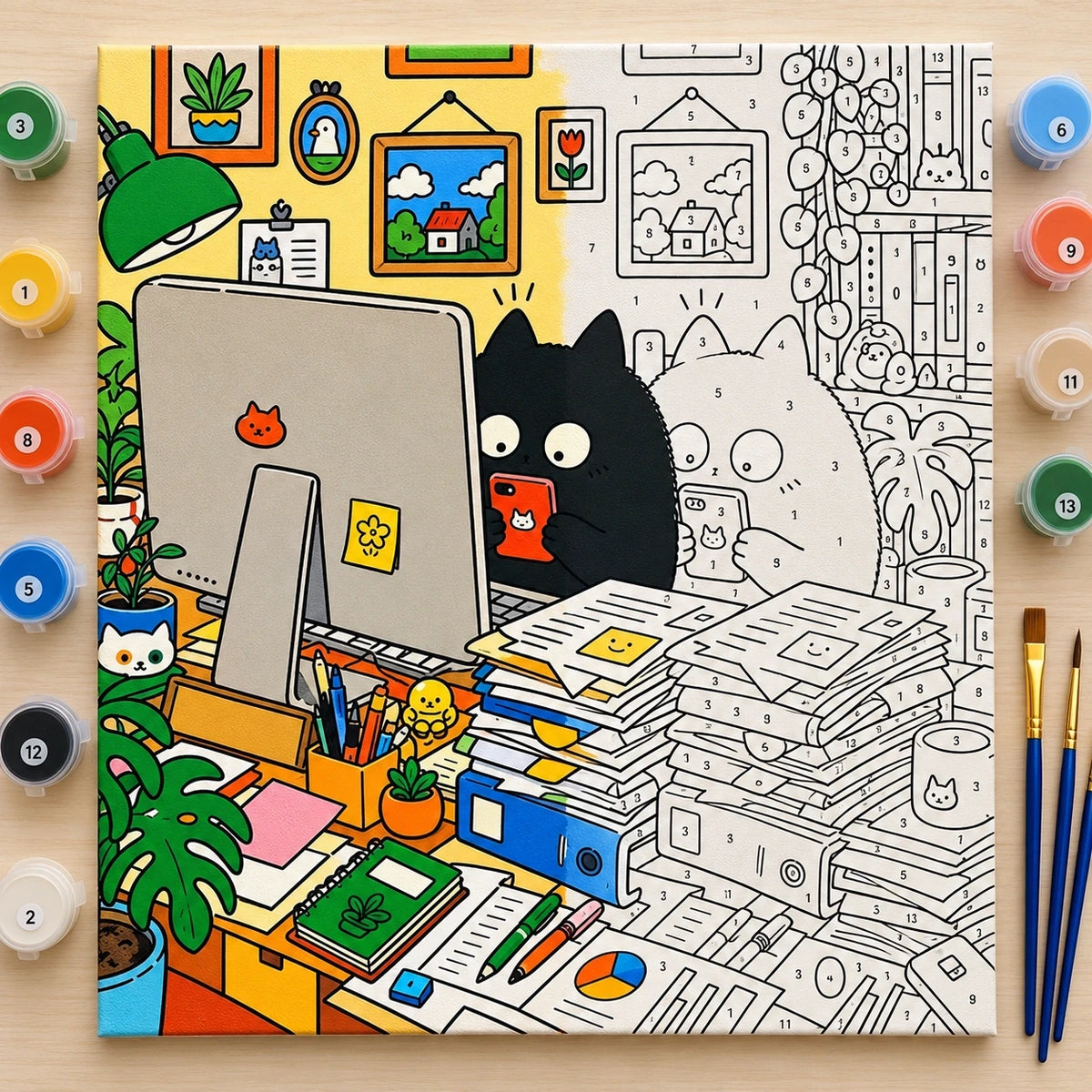 Complete Black Cat Busy Office Desk numbered canvas being painted with acrylic paints and brushes