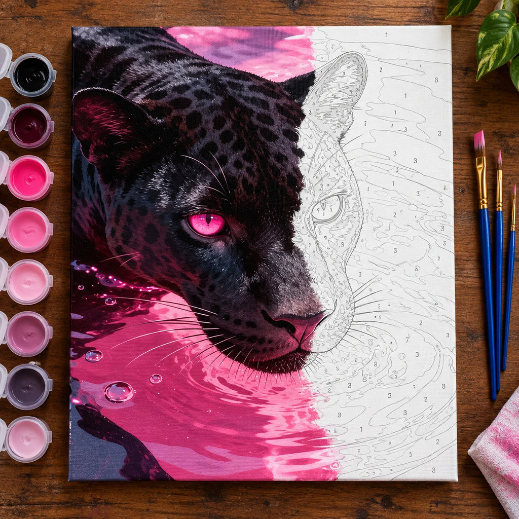 Black Panther in Hot Pink Water numbered canvas being painted with acrylic paints and brushes