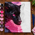 Black Panther in Hot Pink Water numbered canvas being painted with acrylic paints and brushes