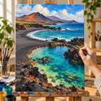 Painting process example for the black sand volcanic coast paint by numbers design.