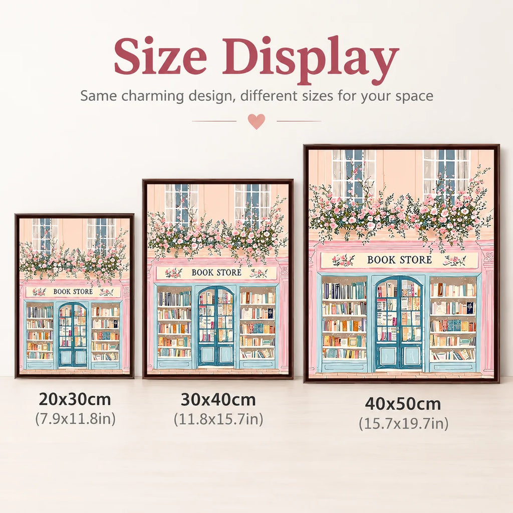 Bookshop artwork size comparison from 20 by 30 to 40 by 50 cm