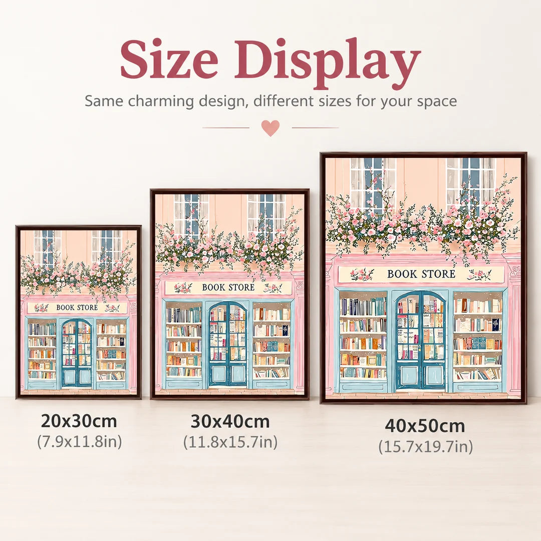 Bookshop artwork size comparison from 20 by 30 to 40 by 50 cm