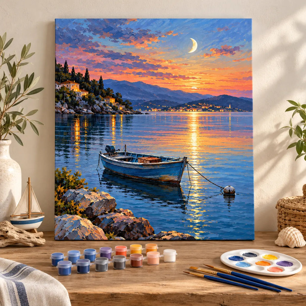 Painting process example for the blue fishing skiff moonrise paint by numbers design.