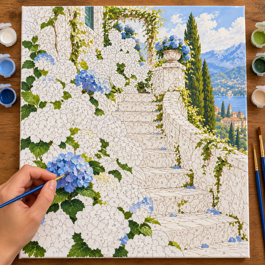 Numbered blue hydrangea garden canvas being painted with acrylic colors.