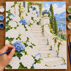 Numbered blue hydrangea garden canvas being painted with acrylic colors.