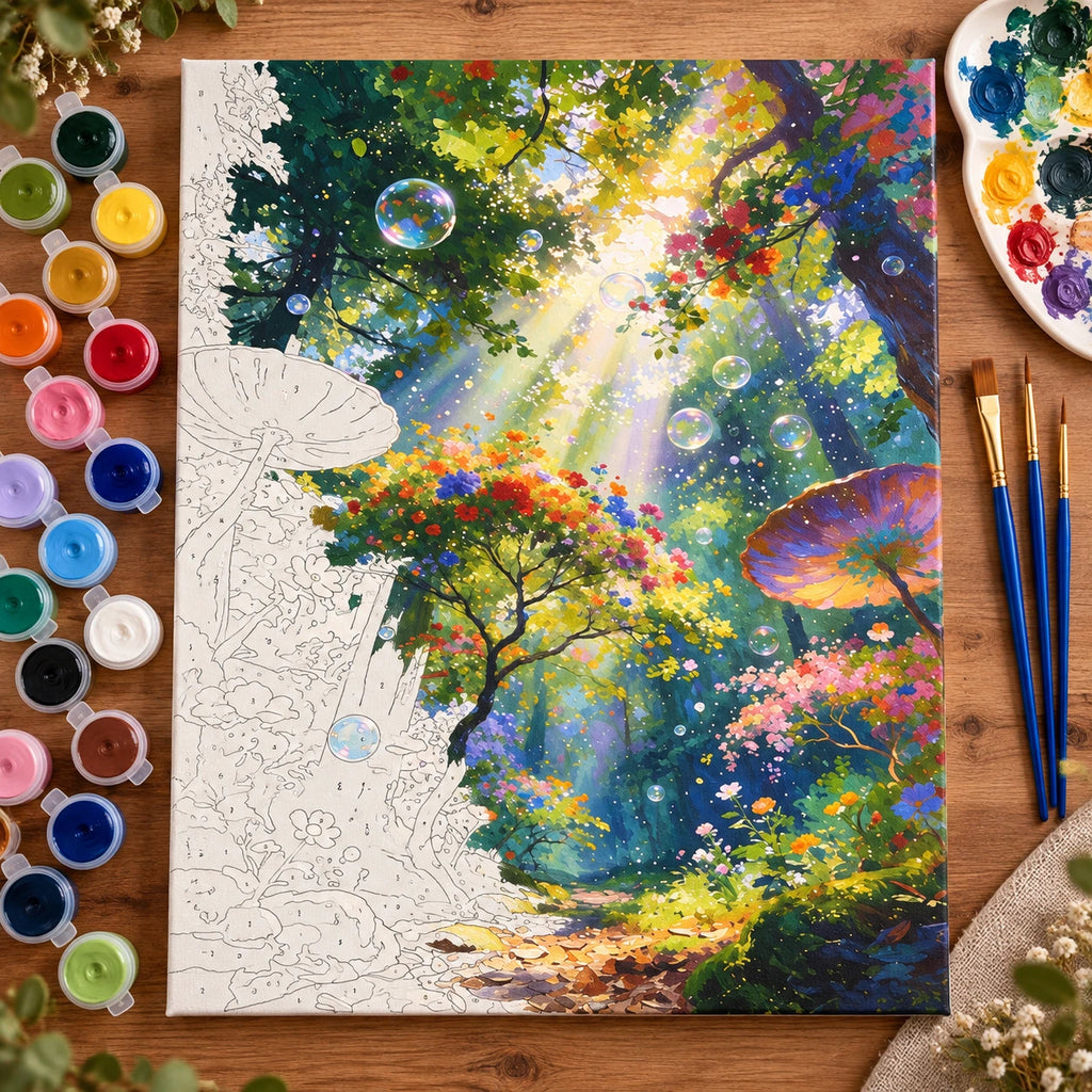 Blue Night Flowering Canopy numbered canvas being painted with acrylic paints and brushes