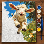 Blue Sky Leaping Lamb numbered paint by numbers canvas being painted with acrylic paints and brushes