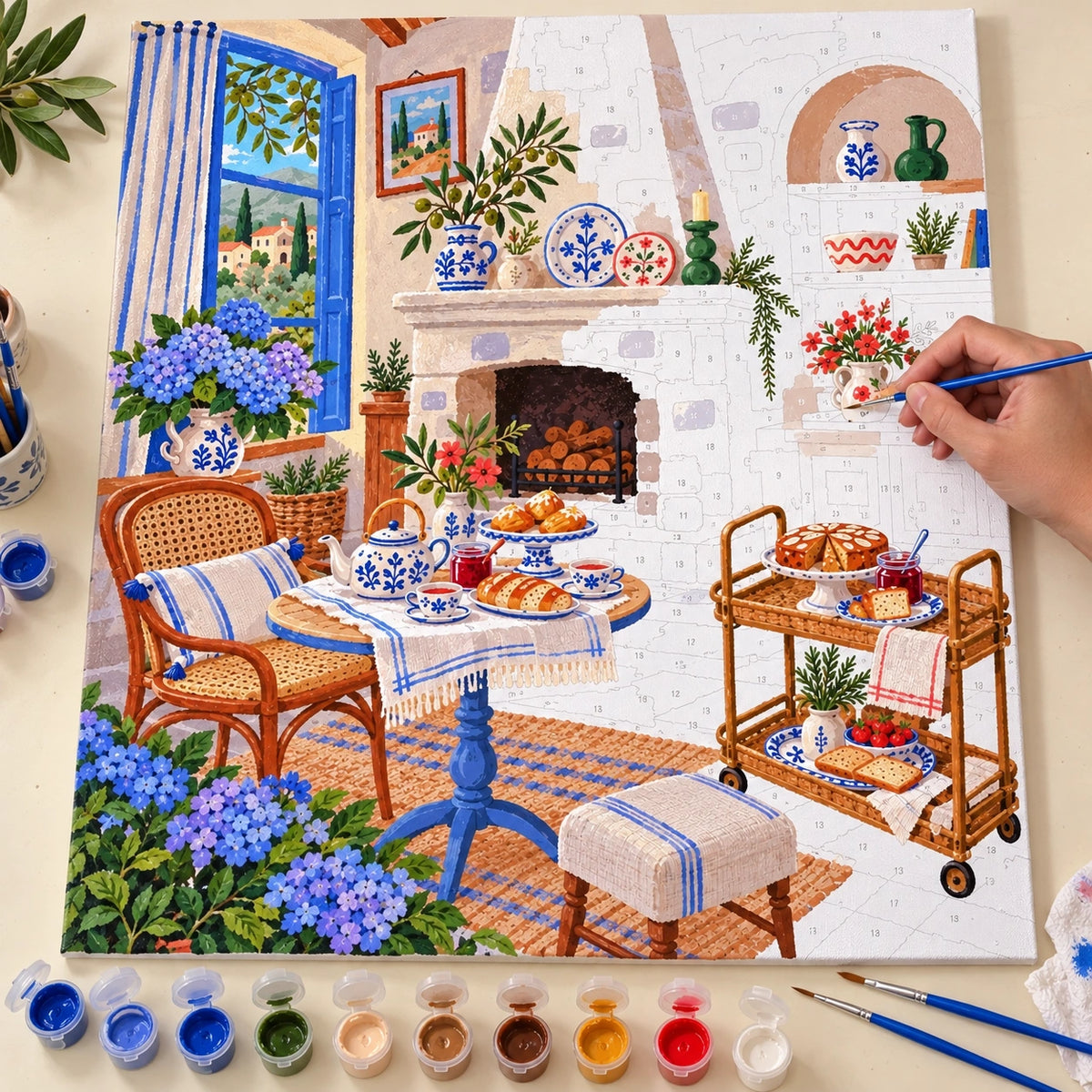 Complete Blue Window Hydrangea Fireplace Tea Room numbered canvas being painted with acrylic paints and brushes