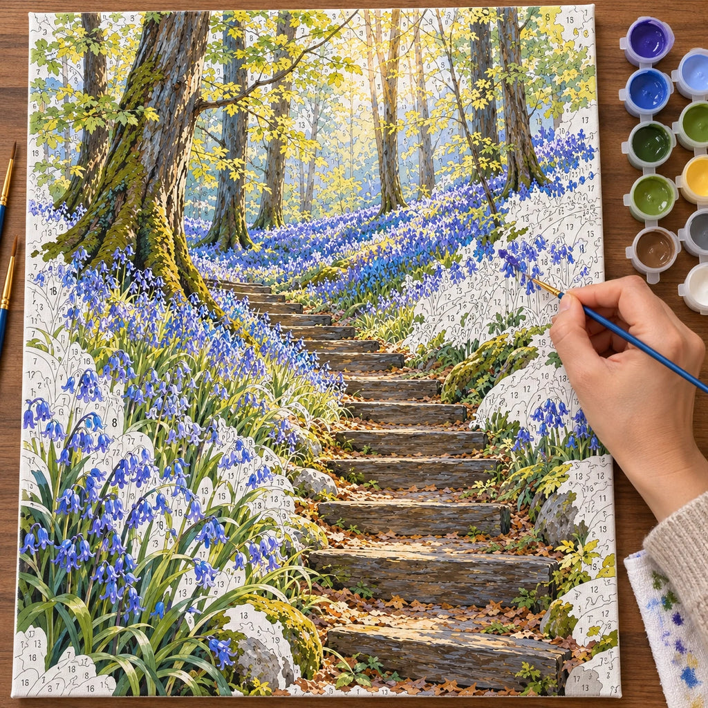 Complete Bluebell Woodland Stone Steps numbered canvas being painted with acrylic paints and brushes.