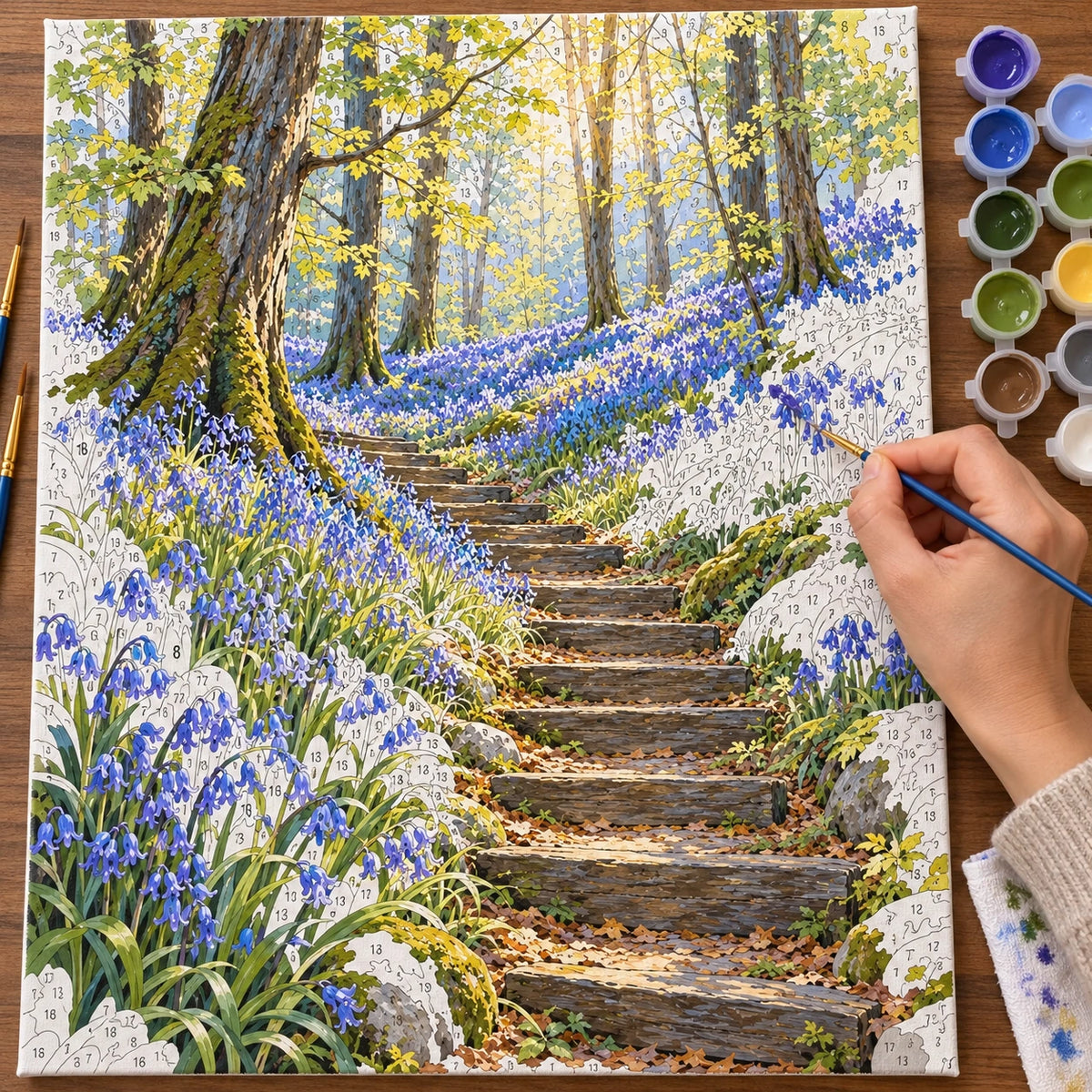 Complete Bluebell Woodland Stone Steps numbered canvas being painted with acrylic paints and brushes.